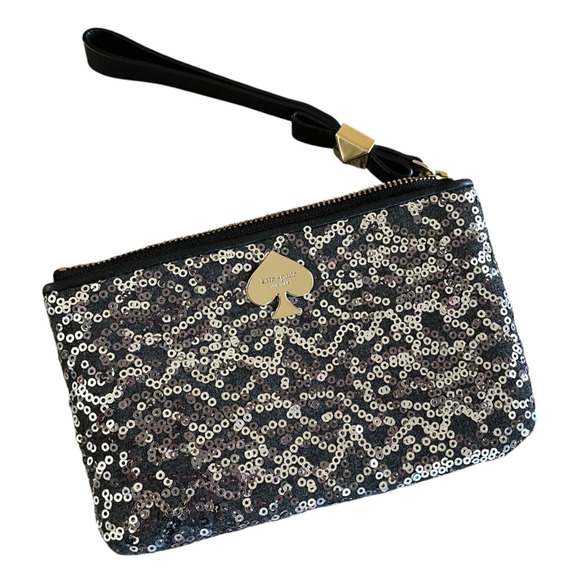 KATE SPADE Leroy Street Glitter Bee Black Leather Silver Sequins Wristlet NWOT - Picture 5 of 9